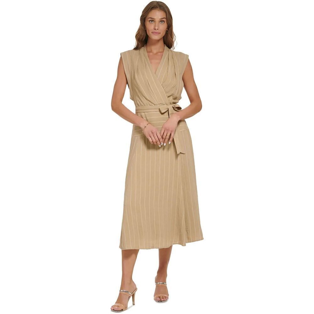 DKNY Beige Pinstripe Wrap Midi Dress